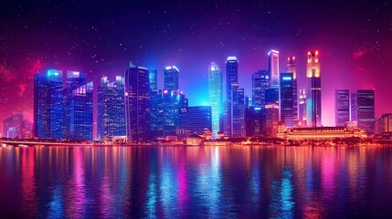 Fototapeta premium Vibrant cityscape at night, reflecting in water.