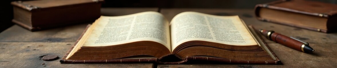 Obraz premium Leather-bound book on a wooden desk with quill pen, antique decor, quill pen