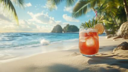 A fruity cocktail on the sand on the beach with the sea and palm trees on the tropical island in the background. Vacation and travel concept with Copy Space