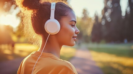 A person enjoying a morning jog in the park, wearing athletic wear and listening to music, promoting fitness and a healthy lifestyle