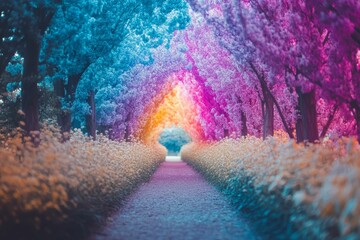 Obraz premium Path through colorful blooming trees, pastel hues.