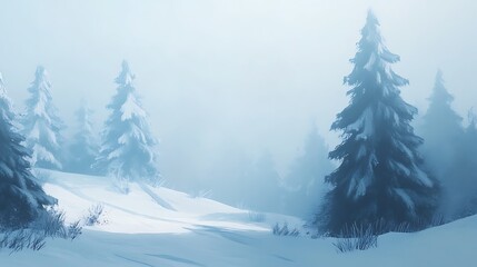 Naklejka premium Snowy landscape with frosted pine trees on a misty winter day.