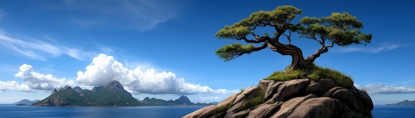 Solitary Tree on a Rock Cliff: A solitary tree stands tall on a rocky cliff, its branches reaching towards a vibrant blue sky. Surrounded by the vast expanse of the ocean.