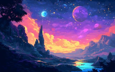 A breathtaking landscape featuring vibrant colors, majestic mountains, and celestial planets under a starry sky