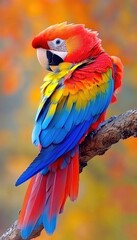 Fototapeta premium A vibrant parrot perched on a branch, showcasing colorful feathers against a blurred background.