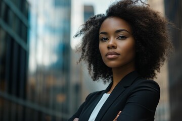 Fototapeta premium Confident woman, urban backdrop, arms crossed, serious expression.