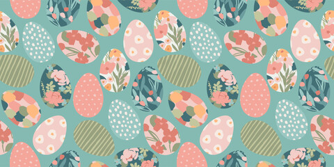 Happy Easter. Vector seamless pattern. Easter eggs with abstract flowers.
