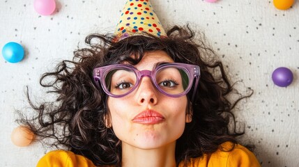 Woman wearing purple glasses and party hat makes a kissy face for the camera. Perfect for birthday party invitations or playful social media posts.