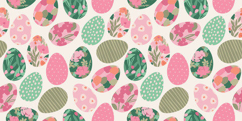Happy Easter. Vector seamless pattern. Easter eggs with abstract flowers.