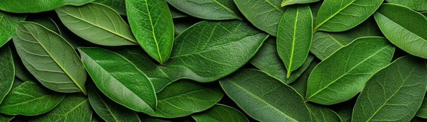 Obraz premium Lush Green Leaves Texture: A vibrant, close-up shot of lush green leaves, creating a natural, organic texture. The leaves are arranged in a random, overlapping pattern.