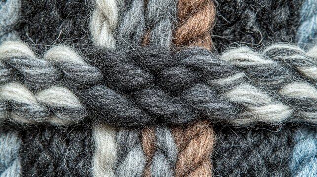 Close-up of a woven textile with interlaced gray, white, and brown yarn. Ideal for backgrounds, textures, or design elements related to fashion, crafts, or winter warmth.