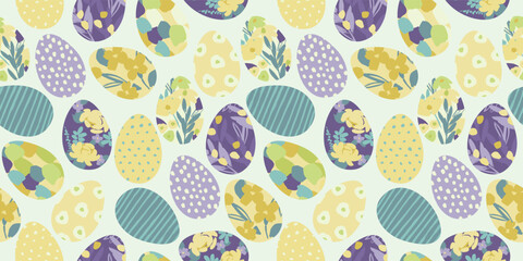 Happy Easter. Vector seamless pattern. Easter eggs with abstract flowers.