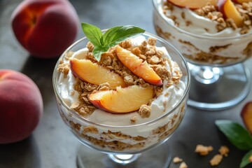 Peach slices, creamy topping, crunchy granola, dessert cups.