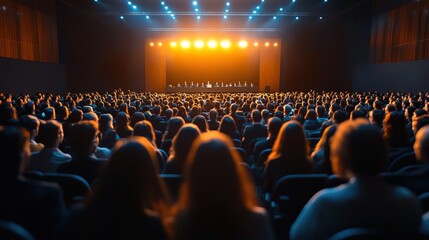 Large business conference with speakers on stage, audience in rows, high-quality visuals and lighting 