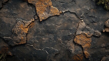 Distressed dark brown granite with rugged texture and glowing golden fissures