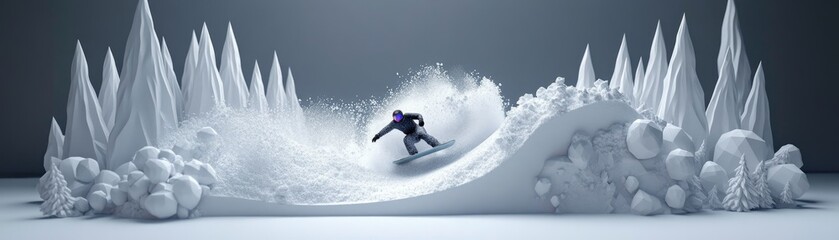 Naklejka premium A snowboarder carving through a snowy landscape with stylized snow formations.