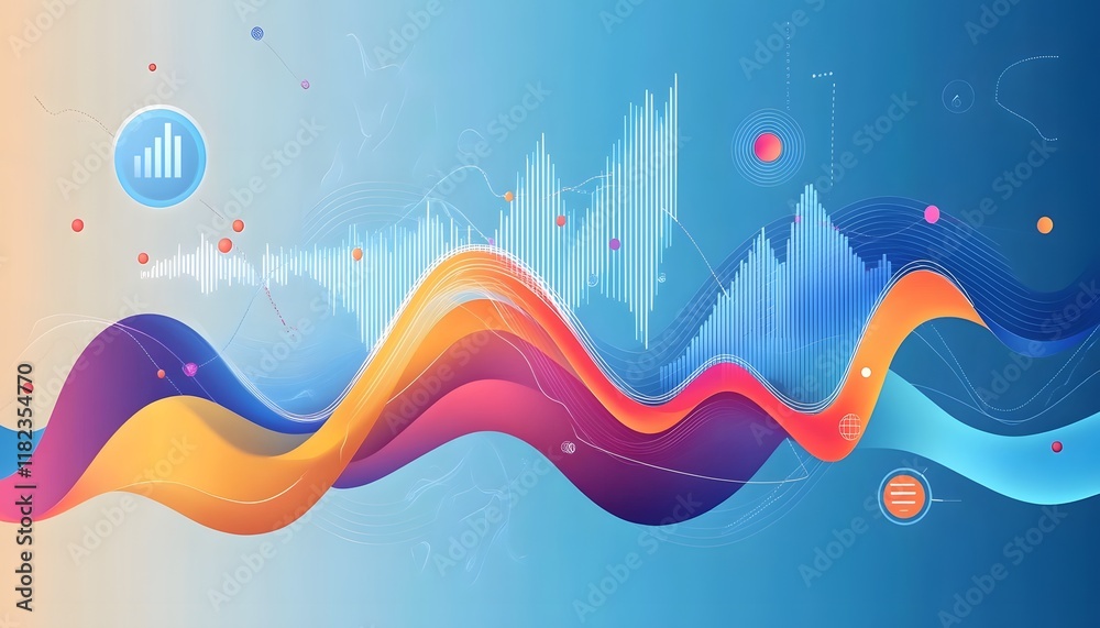 Poster a vibrant and dynamic abstract wave design featuring colorful curves and waveforms, symbolizing data