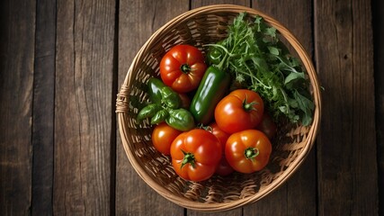 A Basket Full of Fresh Produce with tomatoes, peppers, leafy greens