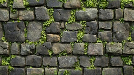 Mossy stone wall with detailed texture and lush green growth between rocks
