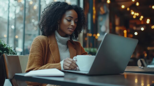 A young woman sitting at a cafee, working on a laptop with a cup of coffee and a notebook, symbolizing creativity, focus, and a productive environment