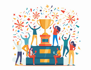 Diverse group celebrating around giant trophy with confetti and fireworks.