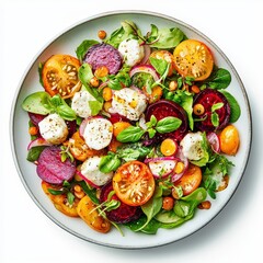 A vibrant Roasted Beet and Goat Cheese Salad featuring colorful vegetables, fresh greens, and creamy cheese, perfect for a healthy meal or appetizer.
