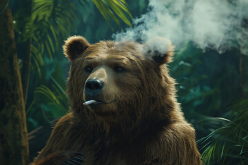Fototapeta premium Bear smoking cigarettes in the jungle. generative AI