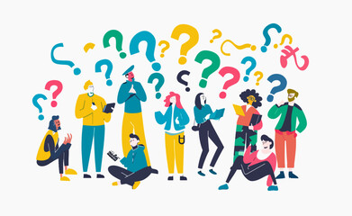 Fototapeta premium Colorful illustration of people surrounded by question marks showing curiosity and inquiry.