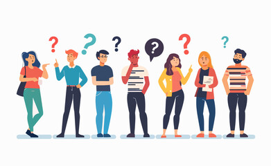 Fototapeta premium Modern illustration of diverse people with question marks showing curiosity and confusion.