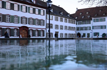 Häuser auf dem Münsterplatz in Basel spiegeln sich in einem Brunnen 
