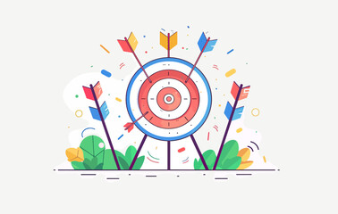 Fototapeta premium Playful illustration of archery target with arrows and decorative elements in vibrant colors.