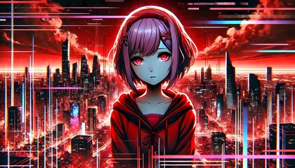A short-haired anime girl stands still in a broken, glitch-filled cityscape