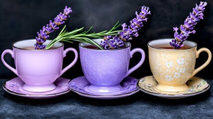 Three colorful cups with lavender sprigs evoke a calming, floral aesthetic, perfect for tea lovers and nature enthusiasts.
