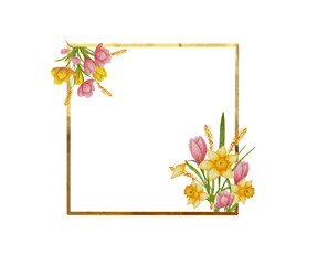 Beautiful Spring Floral Frame with Pink Roses, Green Leaves, and Vintage Botanical Design for Cards