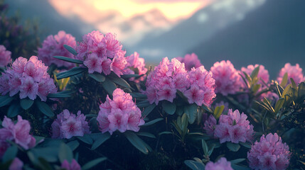 Fototapeta premium Magic pink rhododendron flowers in the mountains.