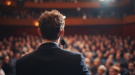 Entrepreneur pitching to a large audience, confident and dynamic, tech startup ambiance 