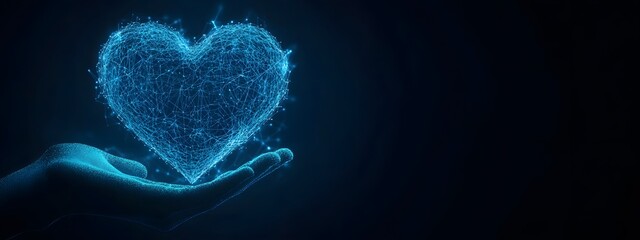 A heart-shaped blue digital line, symbolizing health technology for healthcare systems. The hand holds up a glowing neon-blue geometric shape