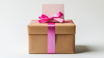 Fototapeta premium A simple brown gift box tied with a pink ribbon and a blank gift tag. Ideal for birthdays, Mother's Day, or other special occasions.