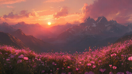 Obraz premium The sun sets behind the mountain ranges above the blooming.