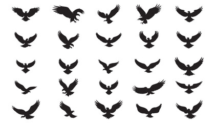 Silhouette designs of eagles in flight. Clip art of birds of prey in black color.