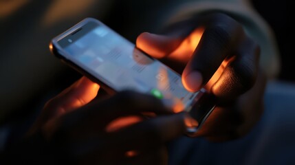 A close-up of a hand holding a smartphone and browsing social media, symbolizing digital connectivity, technology, and modern life