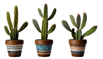 Fototapeta premium Set of various cactus plants in pots isolated on transparent background.