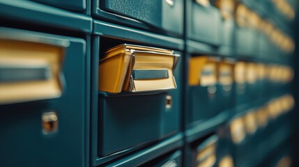 Close-up of slightly opened teal mailboxes with gold handles. Ideal for security, delivery, communication, or community themes.