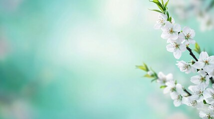 Fototapeta premium Beautiful Spring Blossoms on Teal Background Delicate White Flowers Branch