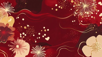 Red Abstract Background with Gold Floral and Fireworks Design
