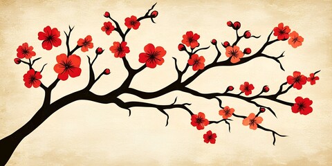 Elegant Red Plum Blossoms on Black Branch Asian Floral Art Print Vintage Texture Background
