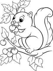 Adorable Cartoon Squirrel Eating Berries on Branch Coloring Page