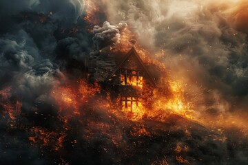 Obraz premium Dramatic house fire amidst dark smoke