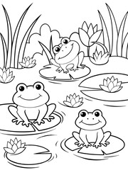 Three Happy Frogs on Lily Pads in a Pond Coloring Page