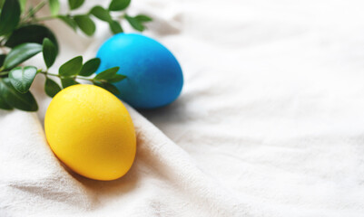 Easter background. Blue and yellow Easter eggs decorated with green twig on white fabric surface, close-up, copy space